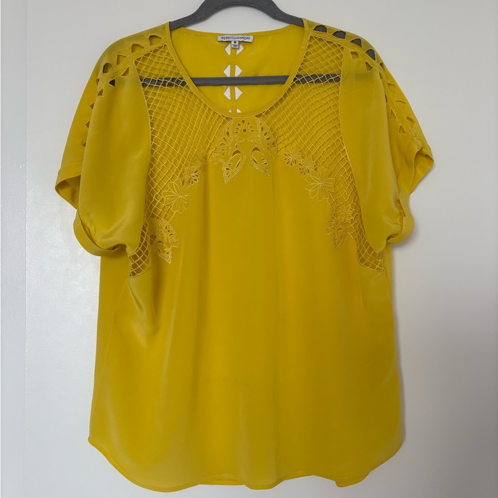 Rebecca Minkoff Yellow Lace Yoke Short Sleeve Blouse Size Medium